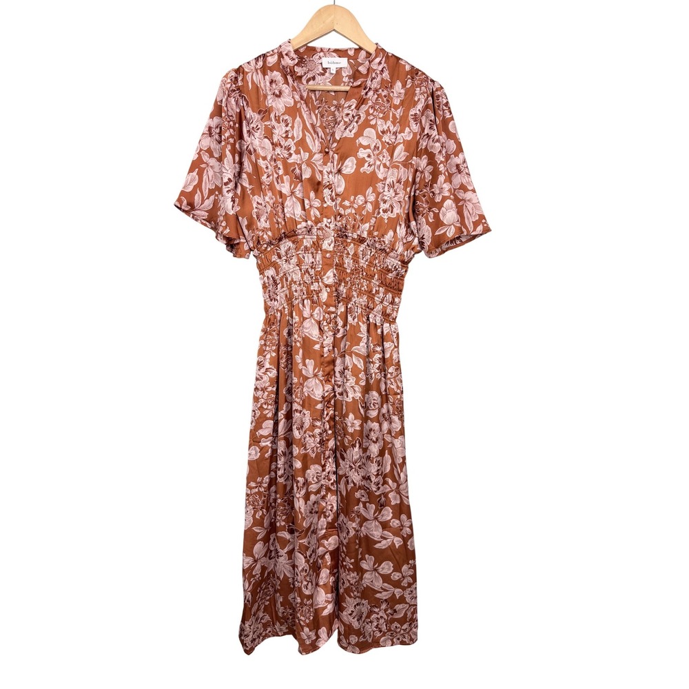 Bohme Floral Smocked Waist Midi Dress Rust Orange Pink Short Flutter Sleeve S